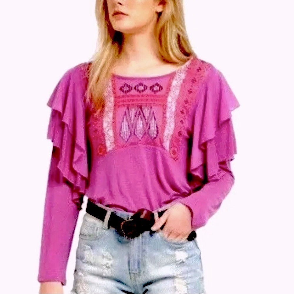 Free People Womens Purple Long Flutter Sleeve Boho Embroidered Top Sz M New